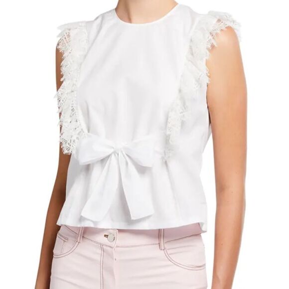 Giambattista Valli White Bow Waist Lace Trim Poplin Blouse | Size 8 - Picture 1 of 9